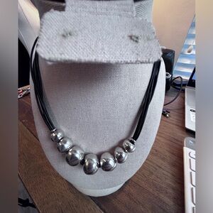 UNOde50 Silver Plated Necklace, Seven Circular Beads on Cn W/ Dark Brown Leather